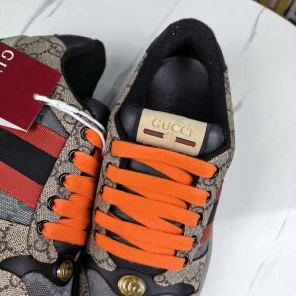sy_no_FA220419E7A7D903FA11B0750C9E12A0_8 Gucci Screener Sneaker in GG Supreme Canvas with Red/Black Web Stripe & Orange Laces
