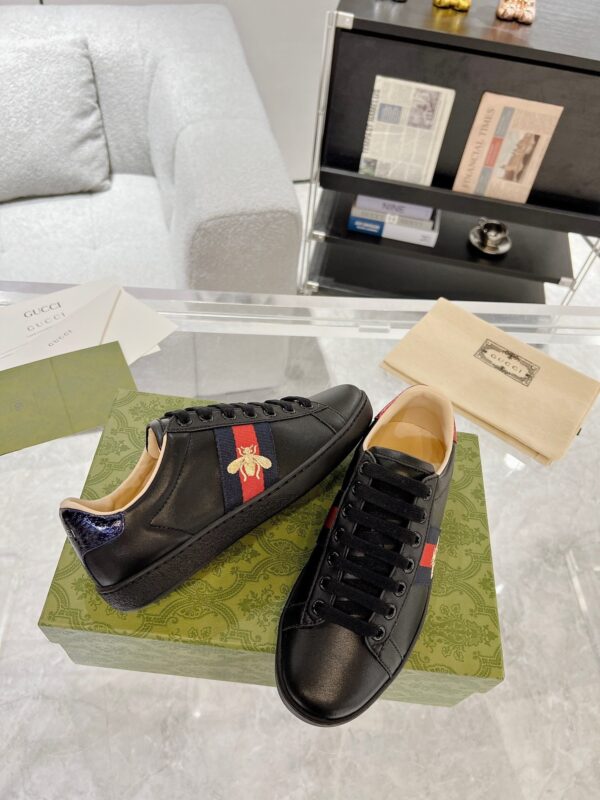 Gucci Ace Embroidered Bee Black Sneaker with Red & Blue Heel Tabs