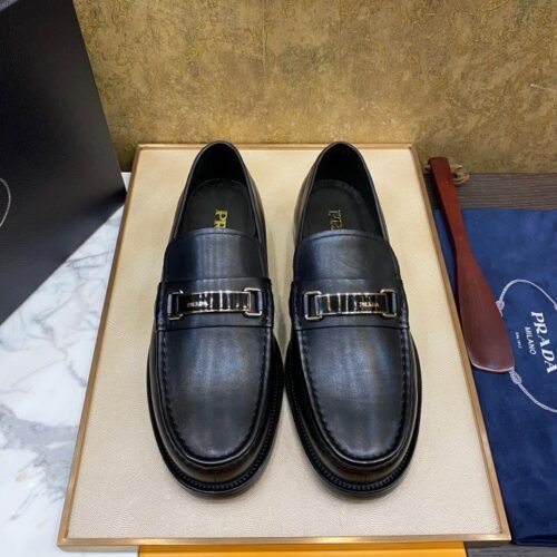 Prada Black Matte Leather Metal Buckle Loafers