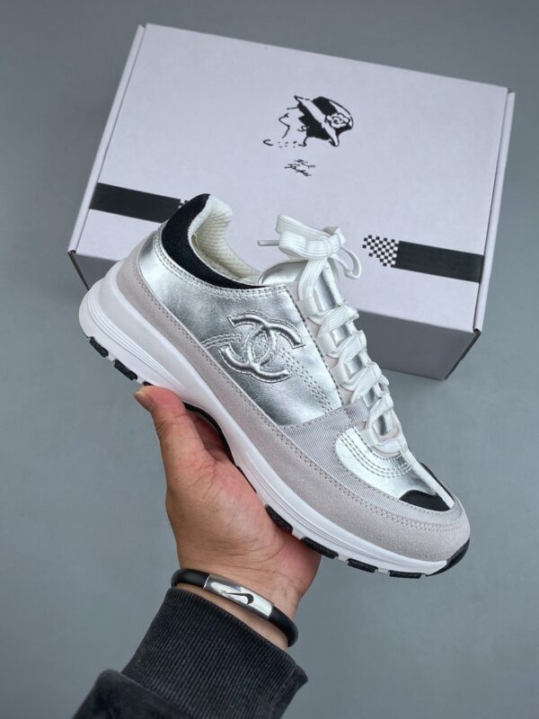 Chanel Silver-White Mixed-Material Low-Top Sneaker with Suede and CC Logo