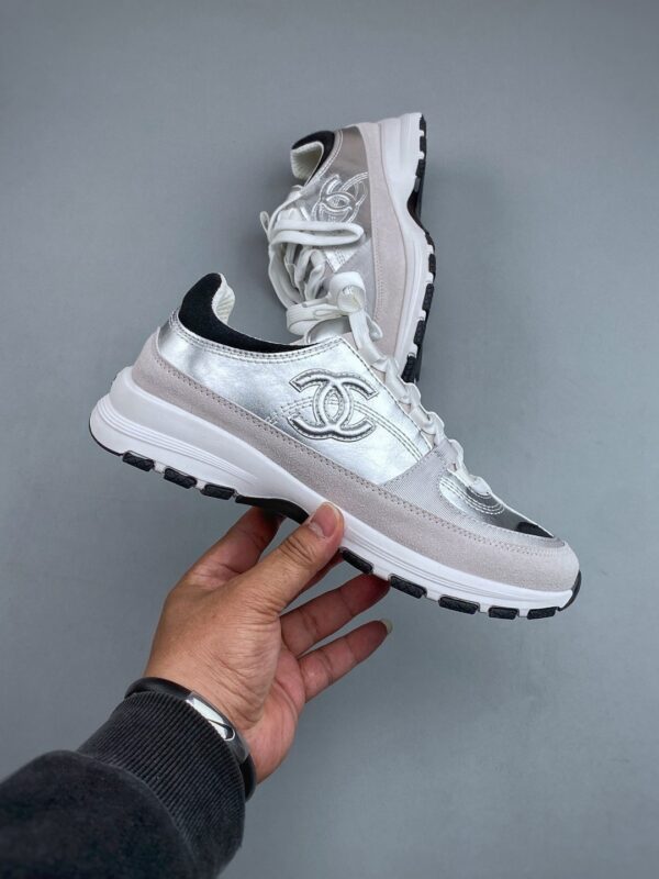 Chanel Silver-White Mixed-Material Low-Top Sneaker with Suede and CC Logo