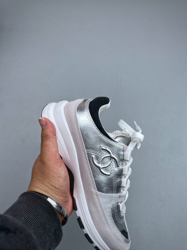 Chanel Silver-White Mixed-Material Low-Top Sneaker with Suede and CC Logo