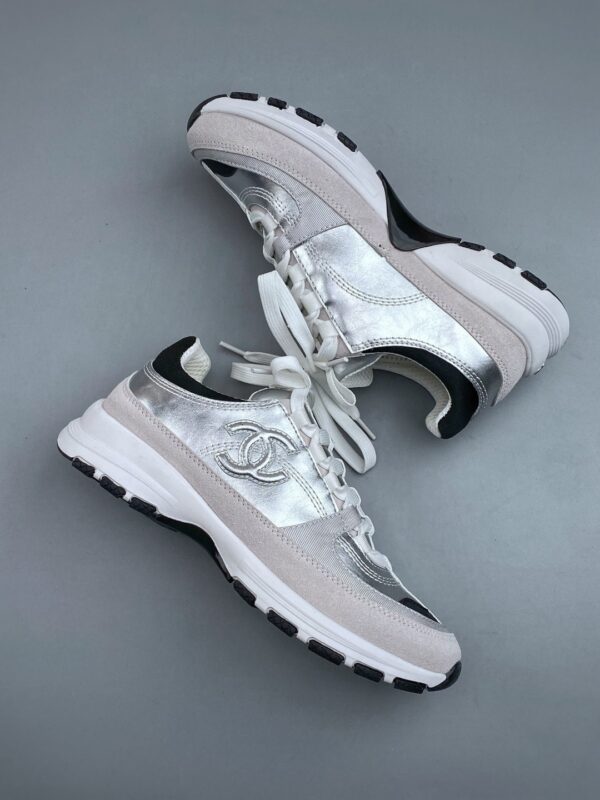 Chanel Silver-White Mixed-Material Low-Top Sneaker with Suede and CC Logo