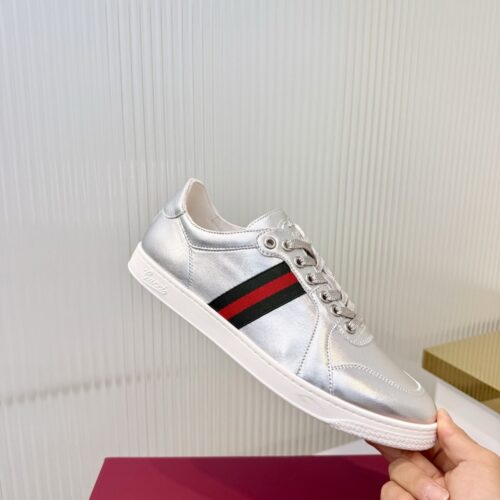 sy_no_FFB6AF304158680D98672F1C77CB5E56_0 Gucci Metallic Silver Leather Sneaker with Web Stripe