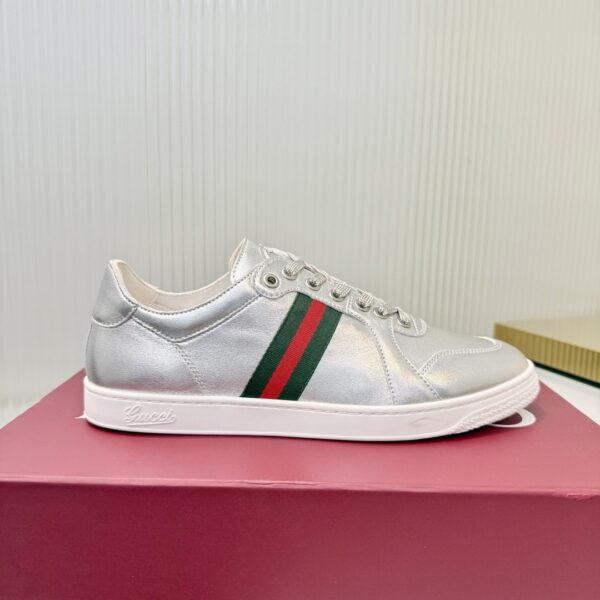 sy_no_FFB6AF304158680D98672F1C77CB5E56_1 Gucci Metallic Silver Leather Sneaker with Web Stripe