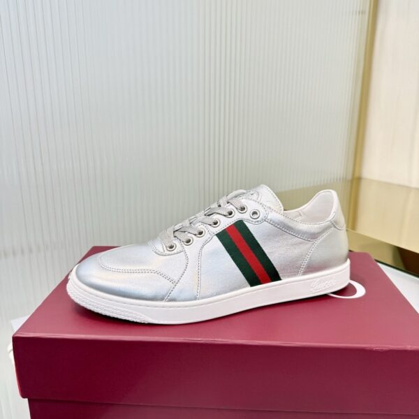 sy_no_FFB6AF304158680D98672F1C77CB5E56_2 Gucci Metallic Silver Leather Sneaker with Web Stripe