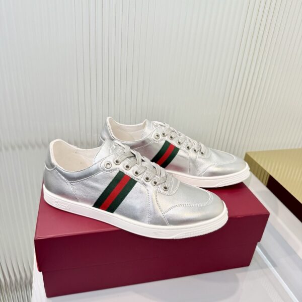 sy_no_FFB6AF304158680D98672F1C77CB5E56_3 Gucci Metallic Silver Leather Sneaker with Web Stripe