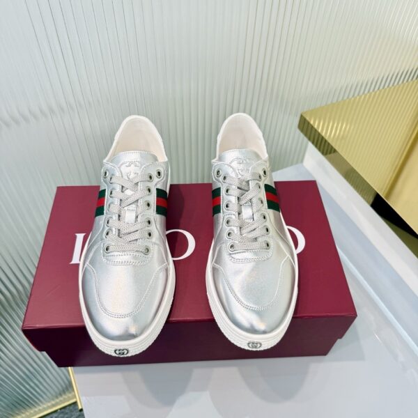 sy_no_FFB6AF304158680D98672F1C77CB5E56_8 Gucci Metallic Silver Leather Sneaker with Web Stripe