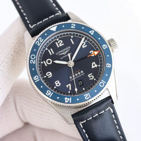sy_no_30EE81E3A886CEA8666542FB32ACEFCF_0 Longines Spirit Zulu Time Blue Bezel GMT Watch
